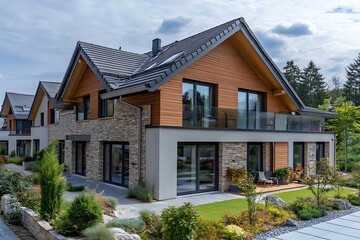 Modern Home Exterior Photo - Contemporary House with Stone and Wood Facade, Balcony, Landscaped Garden