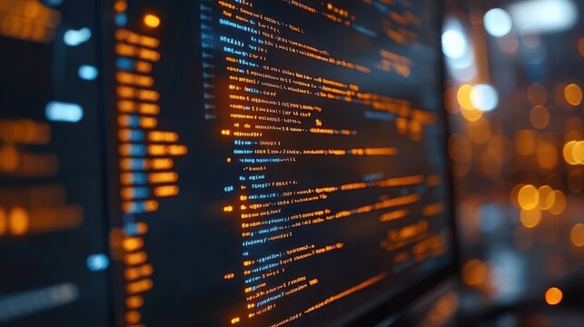Software coding on a computer with lines of code visible on the screen, tech-savvy style, close-up, sharp focus, bright lighting