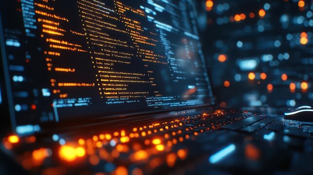 Software coding on a computer with lines of code visible on the screen, tech-savvy style, close-up, sharp focus, bright lighting