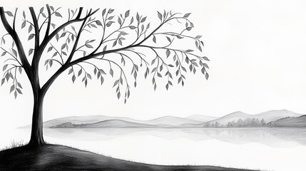 Detailed pencil drawing of a weeping willow tree's branches cascading down towards a calm, reflective lake, with a soft horizon line that enhances the scene's tranquil beauty