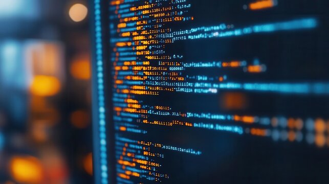 Software coding on a computer with lines of code visible on the screen, tech-savvy style, close-up, sharp focus, bright lighting
