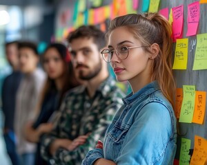 Fototapeta premium Startup planning session with young entrepreneurs in a creative coworking space, vibrant colors, sharp focus