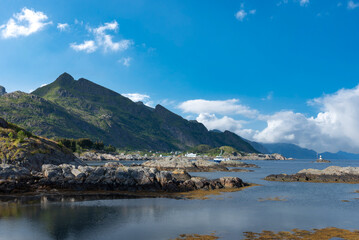 Landscape near Sorvagen with rocky coast on Vestfjord. Lofoten district in Norway