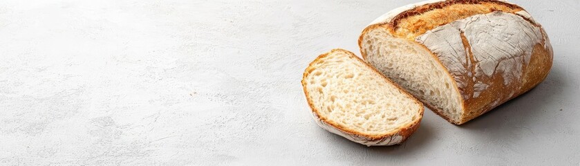 Freshly baked bread loaf with sliced portion on a neutral background, perfect for culinary or food-related projects.