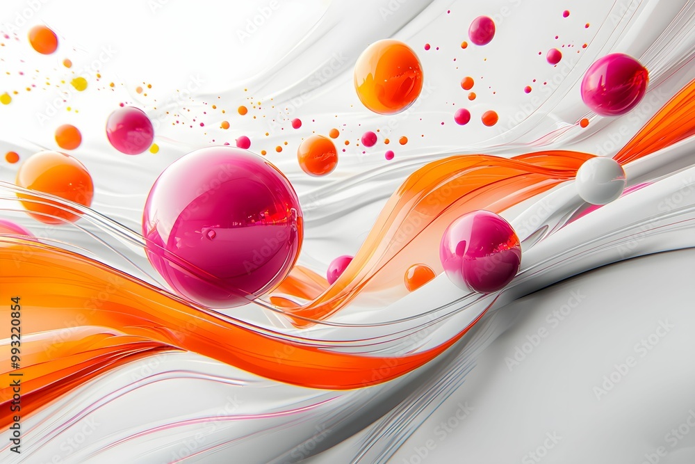 Poster colorful abstract design with floating spheres and dynamic waves