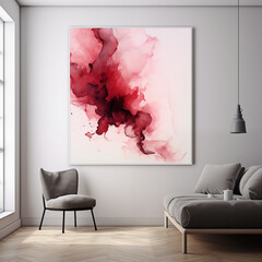 Minimalist Living Room With Red And White Abstract Artwork On White Wall