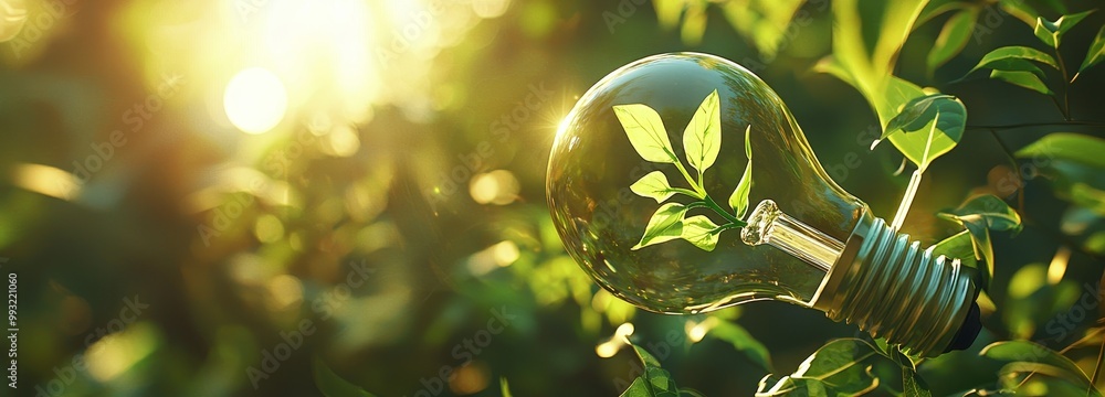 Poster the concept of energy and safe environment is reinforced by a sapling glowing in a light bulb in soi