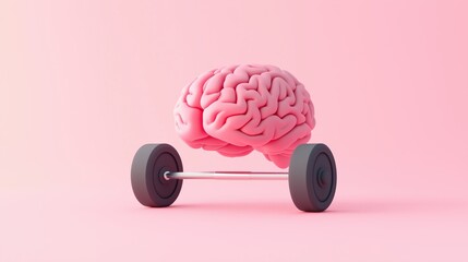 A pink brain is sitting on a dumbbell