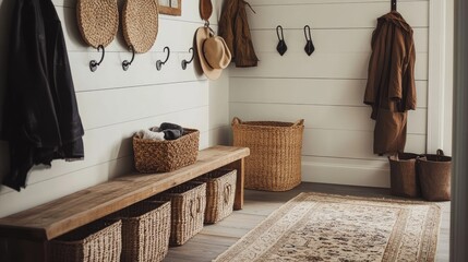 A farmhouse mudroom with a wooden bench