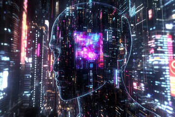 Fototapeta premium A man's head is surrounded by a cityscape, with neon lights and buildings