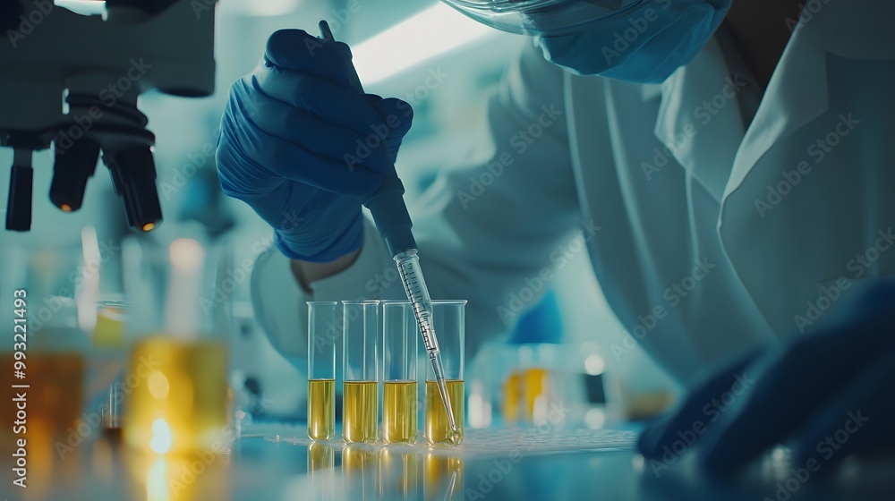 Poster scientist in lab coat using pipette to transfer liquid into test tubes