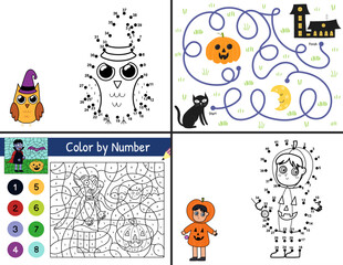Naklejka premium Halloween activity pages set for kids. Funny games collection in US Letter format. Color by number, dot to dot and maze templates bundle with spooky characters. Vector illustration