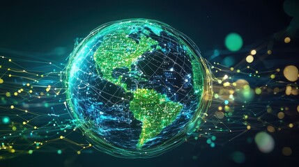Obraz premium A visual representation of the Earth with digital data flowing around it, symbolizing the global impact of green investing and environmentally conscious decisions