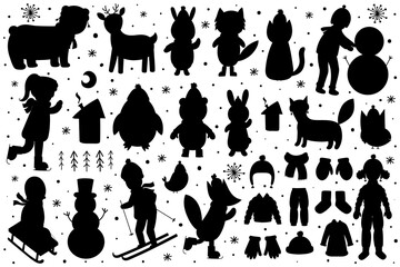 Cute winter characters silhouettes collection. Christmas animals and kids in winter clothes shadows set. Bear, reindeer, fox, rabbit and other elements. Vector illustration