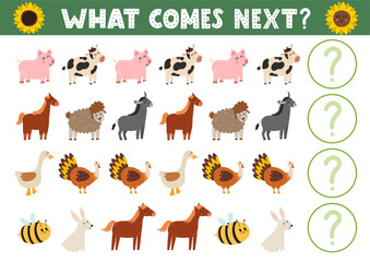 What comes next activity page for kids with cute farm animals. Complete the pattern puzzle. Logical game for school and preschool. Vector illustration