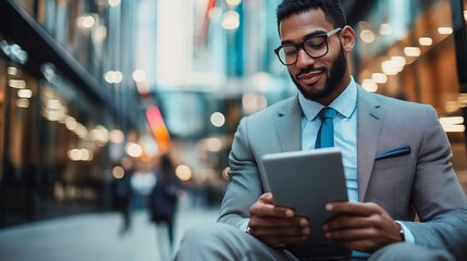 Businessman in Suit Using Tablet in Busy City Street