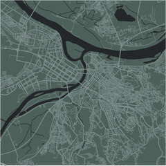 Map of Belgrade in Serbia in a smooth dark style. Contains layered vector with roads water, parks, etc.