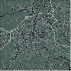 Map of Bern in Switzerland in a smooth dark style. Contains layered vector with roads water, parks, etc.