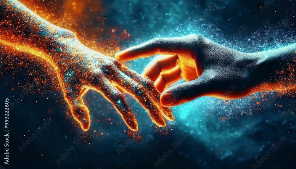 Poster technology has advanced rapidly, as symbolized by the hand reaching out with glowing particles. busi