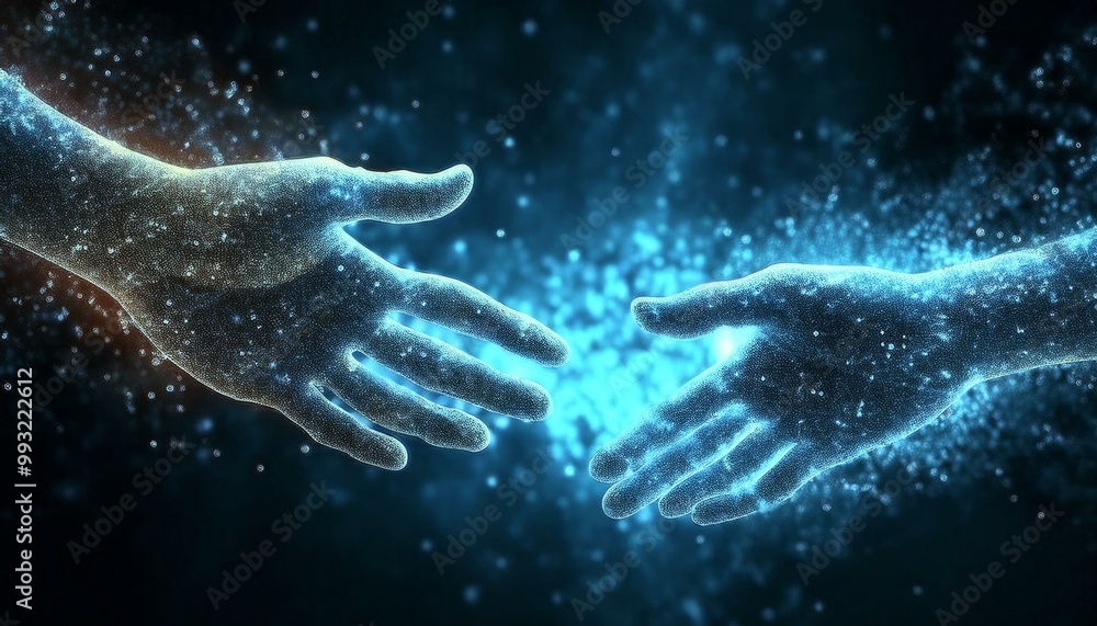 Poster technology has advanced rapidly, as symbolized by the hand reaching out with glowing particles. busi