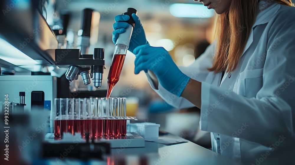 Poster scientist in a lab coat working with a pipette and test tubes
