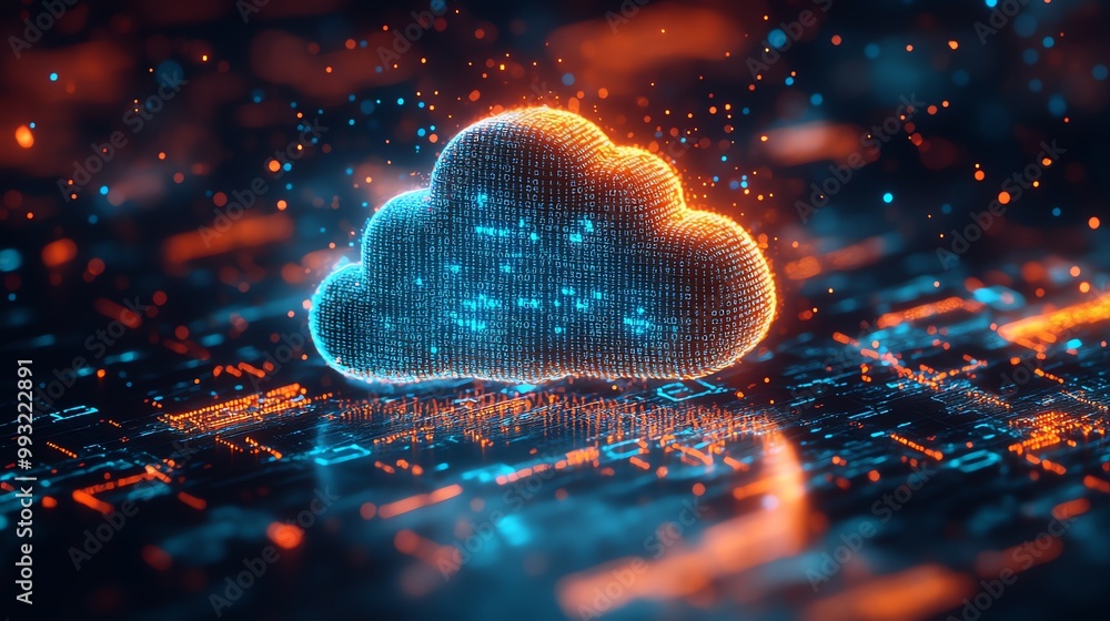 Poster a glowing cloud symbol on a dark, digital background representing data storage and cloud computing.