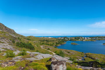 View from Munkebu-stig of Sorvagen and Lake Sorvagsvatn, in background Vestfjord, Lofoten District in Norway