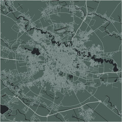 Map of Bucharest in Romania in a smooth dark style. Contains layered vector with roads water, parks, etc.