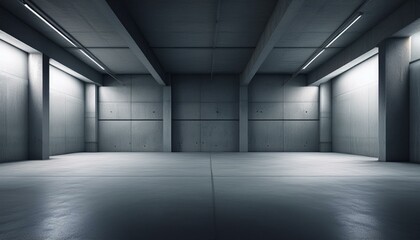 The basement room on the bottom floor of the building's parking lot is empty in an industrial cast concrete style. Abstract modern minimal background