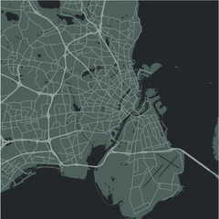Map of Copenhagen in Denmark in a smooth dark style. Contains layered vector with roads water, parks, etc.