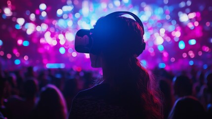A person watching a live-streamed concert in VR, feeling like they're at the venue, blending music streaming with immersive technology
