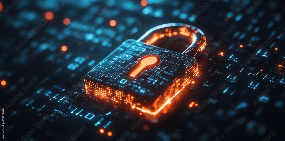 Poster a glowing digital padlock sits on a circuit board, symbolizing cybersecurity and data protection.