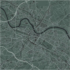 Map of Dresden in Germany in a smooth dark style. Contains layered vector with roads water, parks, etc.