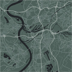 Map of Duisburg in Germany in a smooth dark style. Contains layered vector with roads water, parks, etc.