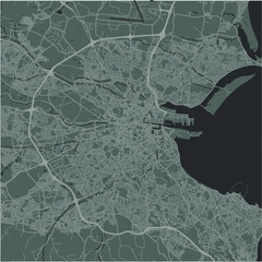 Map of Dublin in Ireland in a smooth dark style. Contains layered vector with roads water, parks, etc.