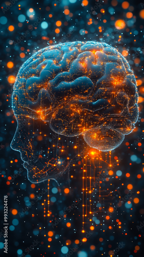 Poster stylized human brain with integrated circuitry and digital elements representing artificial intellig