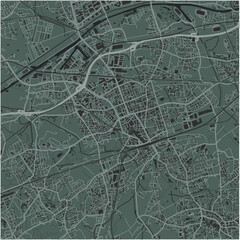 Map of Gelsenkirchen in Germany in a smooth dark style. Contains layered vector with roads water, parks, etc.