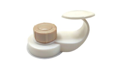 Photo of a plastic hook with suction cup, isolated on white background.