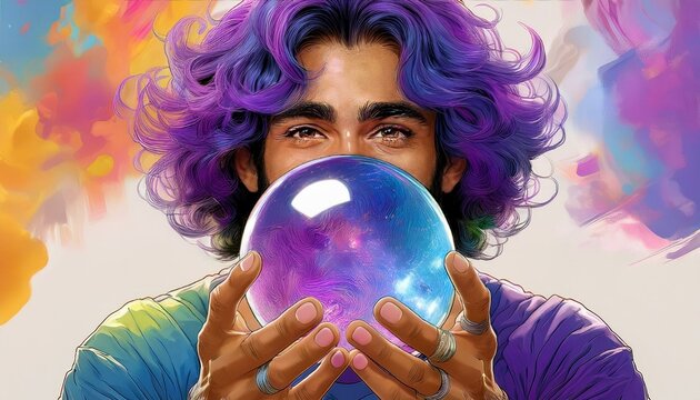 a figure of mystery and enchantment, a colorful man with curls, a beard, and a silver-colored mustache, holding a crystal ball with a sparkling energy. He seems to hold the secrets of the universe in 