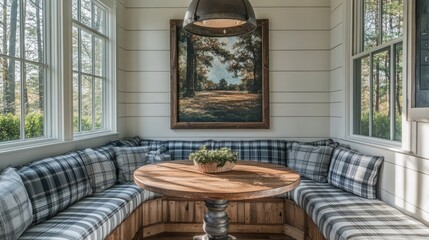 A delightful farmhouse breakfast nook featuring a built-in bench seating with plaid cushions