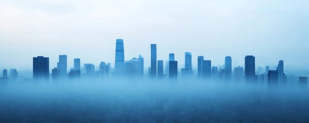 Obraz premium City skyline silhouetted against a foggy background, cool blue tones.