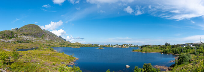 Fototapeta premium Aerial view, view from Munkebu-stig of Sorvagen and lake Sorvagvatnet, Lofoten district in Norway