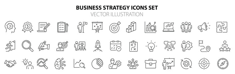 Business strategy set of web icons in line style. Business solutions icons for web and mobile app. Action List, research, solution, team, marketing, startup, advertising, business process, management