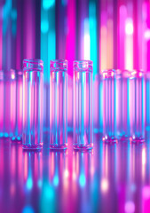A background of vertical neon pink and blue stripes, creating an atmosphere reminiscent of 1980s pop culture with vibrant colors. In front of it is a row of transparent plastic tubes filled with glowi