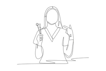 Dentist holding dentist tools. Dentist concept one-line drawing