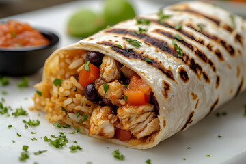 A mouthwatering grilled burrito filled with seasoned rice, chicken, black beans, and vegetables, garnished with fresh cilantro, perfect for a satisfying meal