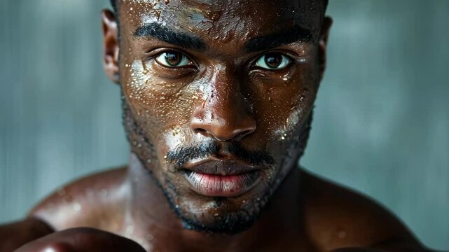 A close-up portrait of a man with sweat dripping down his face, likely after a strenuous workout