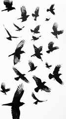 Obraz premium A dynamic image of 20 birds in flight against a white backdrop, displaying diverse wing shapes and sizes. The scene exudes vibrancy and motion.