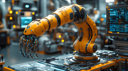A Robotic Arm in an Industrial Setting Holding Tools and Engaged in Precision Manufacturing, Highlighting Automation, Innovation, and Efficiency in Modern Industry
