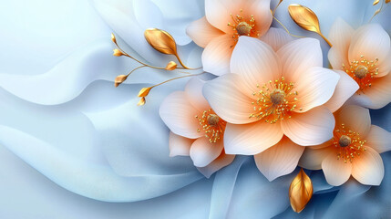 Fototapeta premium Elegant Floral Decoration on Silk Background for 3D Aesthetic Wallpaper, Soft Peach Blossom Arrangement with Golden Motifs